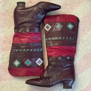 Vintage 80s Vita Mori Burgundy Geometric Western Revival Art‎ Deco Leather Boots thumbnail 9