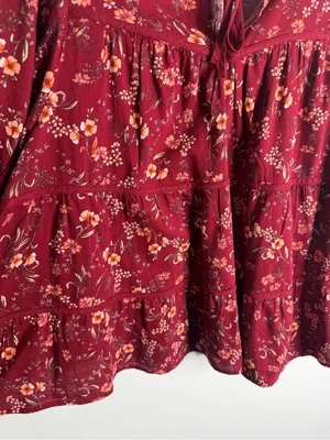 Old Navy Puff-Sleeve Floral Tiered‎ Swing Boho Top Burgundy Floral XXL Flowy thumbnail 9