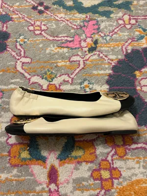 Tory Burch Claire Cap Top Leather Ballet Flats in New Cream/Black Size 9 Neutral thumbnail 13