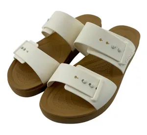 Crocs Brooklyn Buckle Low Wedge Sandal White Tan Women 6 Slip On Flip Flop New thumbnail 1