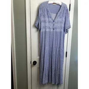 Cactus + Pearl XXL Blue White Striped Smocked Maxi Dress Rayon Boho Casual Coast thumbnail 9