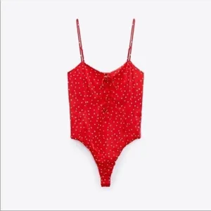 Zara Red Lace Up Satin Effect Star Print‎ Bodysuit thumbnail 2