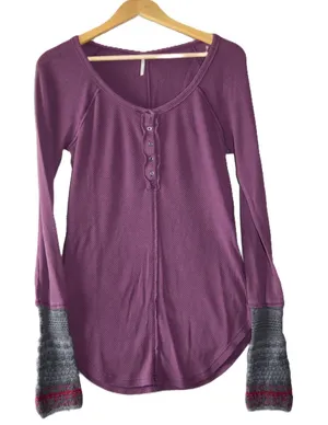 Free People Henley Thermal Women Large Purple Waffle Knit Contrast Cuff thumbnail 1