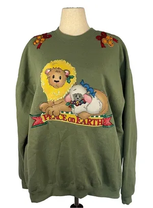 Lee Ugly Christmas Sweatshirt | Vintage "Peace on Earth" Lion & Lamb | Size XL thumbnail 1