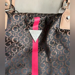 GUESS Monogram Large Tote Bag Brown & Pink Stripe Logo Purse thumbnail 2