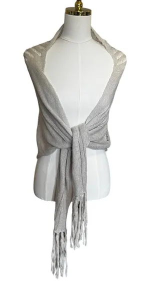 Free People Knit Wrap Scarf Shawl Fringe Convertible Boho Cream 72” Wide thumbnail 1