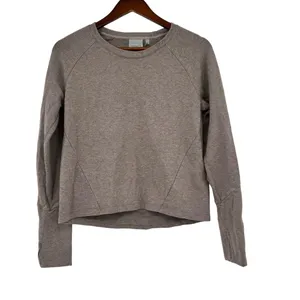 Athleta Idyllwild Sweatshirt Cropped Crew Neck Thumb Holes Taupe Brown sz small thumbnail 3