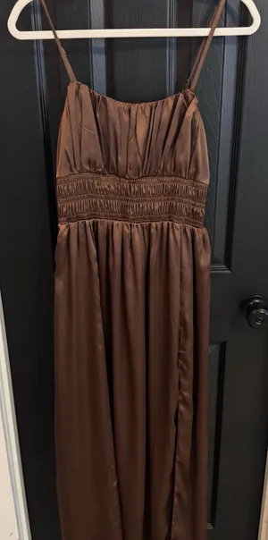 Abercrombie Medium Brown Shocked Satin Slit Sleeveless Elegant Maxi Dress thumbnail 1