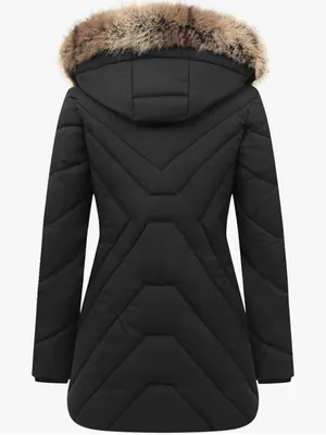Women's Black Quilted Puffer Coat with Faux Fur Hood AP thumbnail 3