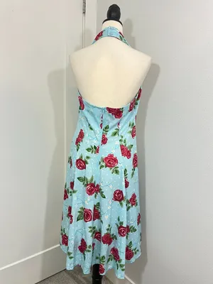 Hell Bunny Vixen 50s Rockabilly Blue Rose Halter Swing Dress thumbnail 3