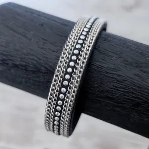 Black & Silver Tone Studded Bracelet with Chains Design Emo Goth Skater thumbnail 2
