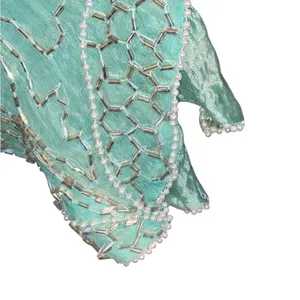 Handmade Vintage 90s Beaded Sequin Seagreen Fairycore Asymmetrical Hem Formal blouse thumbnail 9