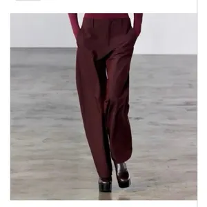 Zara Burgundy Wide Leg Trousers Size Medium High Rise Minimalist Chic 4043/043 thumbnail 3