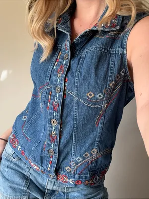 Christopher & Banks 2006 Embroidered Denim Sleeveless Button-Front Vest thumbnail 7