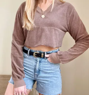 Vintage 70’s Ribbed Corduroy V-neck Cropped Sweatshirt in Taupe thumbnail 1