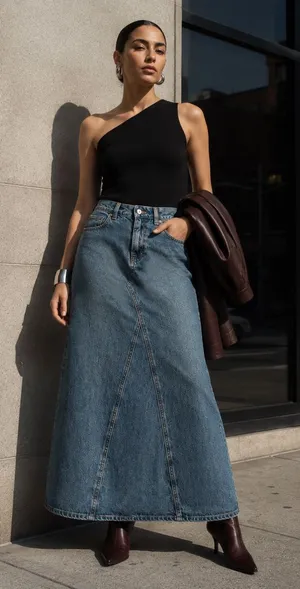 Mango Paneled Denim Maxi Skirt Medium Wash XS thumbnail 1