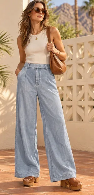 American Eagle Size 0 Wide Leg Chambray Trousers High Rise Blue thumbnail 1