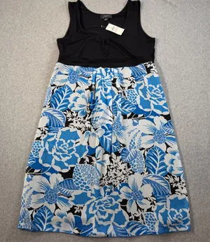 josephine Women's Size 10 Black Blue White Tropical Floral Sleeveless Midi Dress thumbnail 1