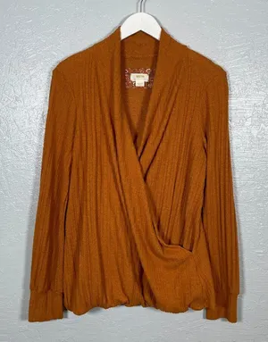 Maeve Anthropologie Women M Orange Rafela Ribbed Hacci Surplice Sweater Boho thumbnail 1