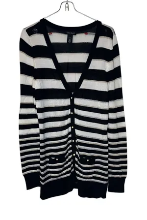 White House Black Market Women's Sweater‎ Snap Button Sparkle Striped Sz. Medium thumbnail 1