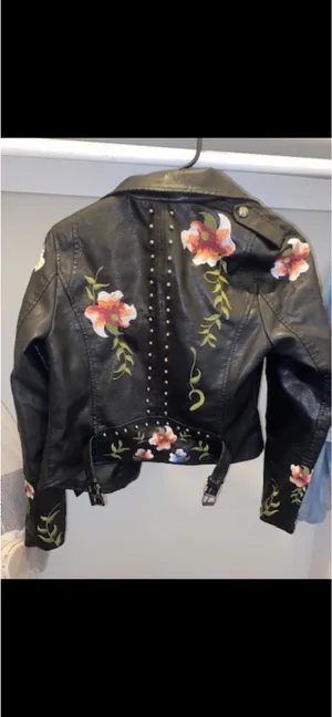 Faux Leather Jacket w/ Embroidered Flowers Black thumbnail 2