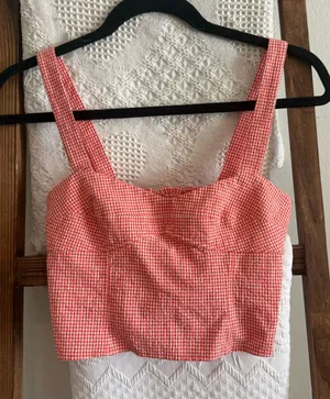 NWOT Zara Red & White Gingham Cotton Blend Smocked Detailed Top thumbnail 1
