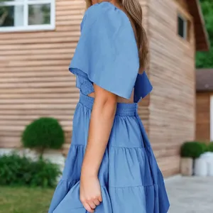 Short sleeve blue dress with open back detail thumbnail 3