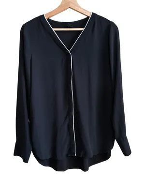 Ann Taylor black white classic old money long sleeved blouse women's size L thumbnail 1