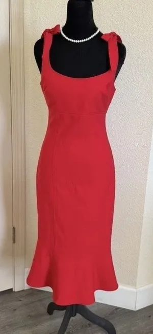 LIKELY Red Midi Dress Womens US 4 Tie Shoulder Mermaid Hem Bodycon Cocktail thumbnail 1