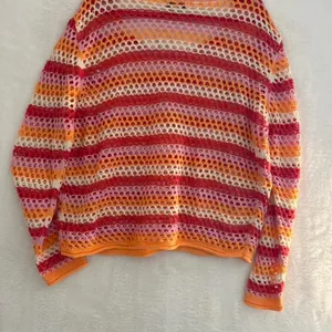 Francesca's Crochet Sweater Womens XL Pink Orange Striped Open‎ Knit Cotton NWT thumbnail 6