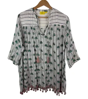 Roller Rabbit‎ Palm Tree Print Tassel Tunic Small Cover Up Sheer Beachy Resort thumbnail 1