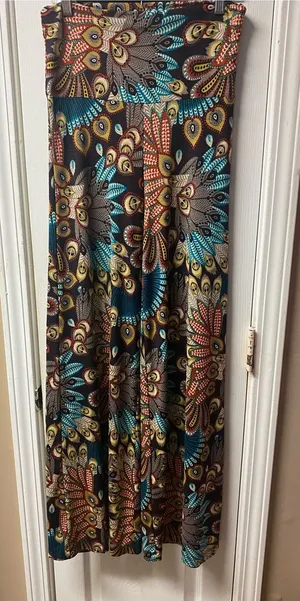 Boho Wide-Leg Palazzo Pants in Teal, Brown & Mustard thumbnail 1