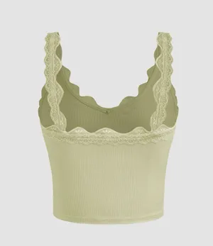 NWT Cider Olive Lace Trim Ribbed Top thumbnail 3
