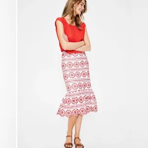 Boden Broderie Embroidered‎ Scalloped Lined Hem Midi Skirt Red White Size 2P thumbnail 6
