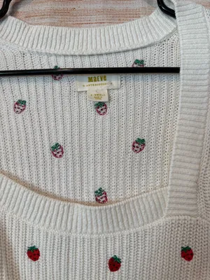 Maeve Cream Square-Neck Sweater with Red Strawberry Embroidery New no Tags thumbnail 4