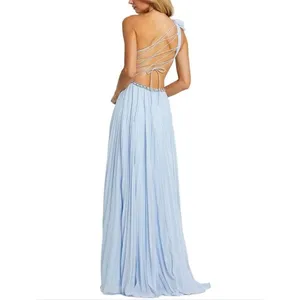 Mac Duggal Blue Size 4 Pleated Ruffle One Shoulder Maxi Gown Dress thumbnail 5