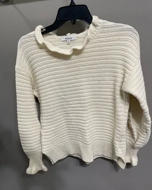 Madewell Ruffle-Neck Pullover Sweater in Cotton/Wool Blend Cream Size‎ XS thumbnail 1
