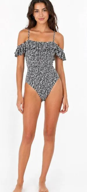 Jonathan Simkhai Women's Floral Off Shoulder Ruffle One Piece Swimsuit Sz Small‎ thumbnail 1