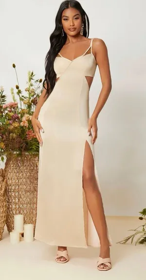 SheIn Cut Out Waist Split Thigh Satin Prom Dress thumbnail 1