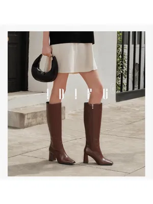 NEW Brown Vegan Leather Knee High Boots Square Toe Chunky 3” Heel Tall 10 thumbnail 8