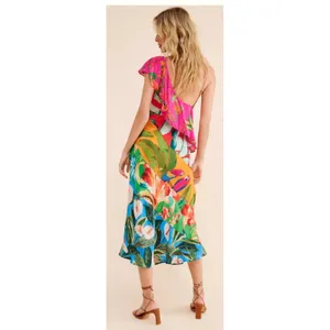Farm Rio Midi Dress Sm Tropical Ruffle Asymmetric Boho Botanical Anthropologie thumbnail 3