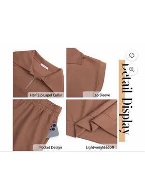 NEW 2 Piece Set Half Zip Lapel Collar Lounge Set Cap Sleeve Shorts Pockets S thumbnail 8