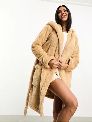 UGG Aarti Hooded Teddy Sherpa Fleece Robe in San Camel Beige NWT Sz. M thumbnail 17