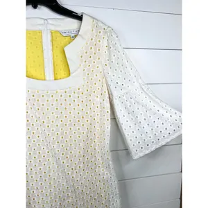 Trina Turk White Eyelet Bell Sleeve A-Line Dress Size 8 Yellow Lining Cotton thumbnail 5