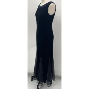 Vintage Y2k Velvet Gown Sleeveless Beaded Bateau Neck Mesh Godets Black Womens 4 thumbnail 6