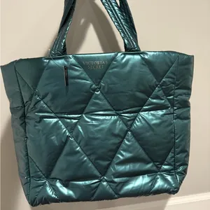 NWT! Victoria's Secret Green Silver Quilted Tote Bag thumbnail 7