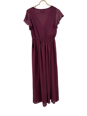 Lulus Lost in the Moment Burgundy Maxi Dress side slit S flutter sleeve bridesmaid thumbnail 3
