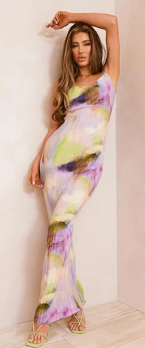 Amazon Multicolor Watercolor Maxi Dress in Purple and Green thumbnail 1