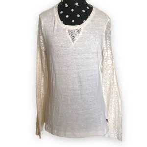 Prana Womens‎ Top Size Small Darla Cream Knit Lace Sleeves Inset Long thumbnail 2