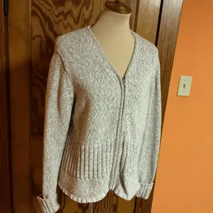 Y2K Christopher & Banks Oatmeal Zip Cardigan L Ramie Cotton Knit Sweater thumbnail 9